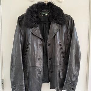 Ralph Lauren Black Leather Jacket with Faux Fur Collar